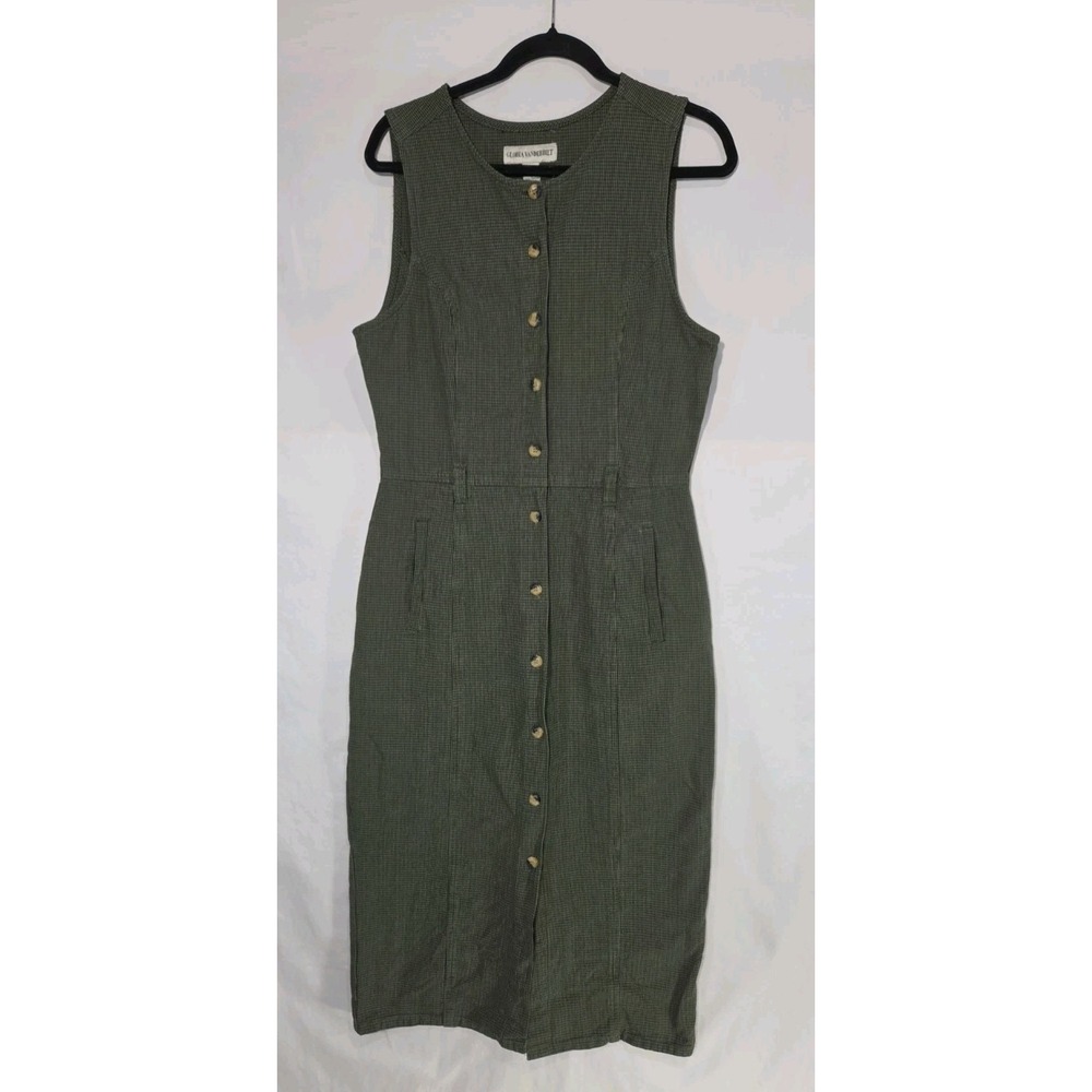 Gloria Vanderbilt Dress MED Green Micro‎ Check Button Front Midi Cotton Cottage
